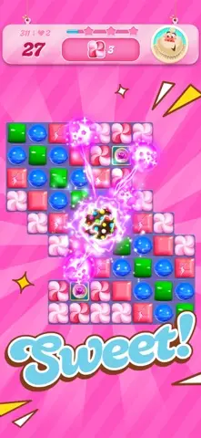 A colourful candy match-3 board mid-cascade